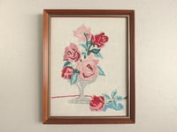 Image 1 of Vintage Embroidery of Pink and Red Roses in Vase, Small Textile Art in Wooden Frame Sized 10 x 8 ins