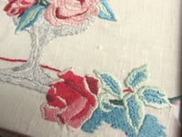 Image 4 of Vintage Embroidery of Pink and Red Roses in Vase, Small Textile Art in Wooden Frame Sized 10 x 8 ins