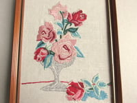 Image 2 of Vintage Embroidery of Pink and Red Roses in Vase, Small Textile Art in Wooden Frame Sized 10 x 8 ins