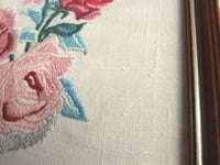 Image 5 of Vintage Embroidery of Pink and Red Roses in Vase, Small Textile Art in Wooden Frame Sized 10 x 8 ins