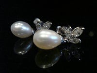 Image 1 of STUNNING 18CT WHITE GOLD MARQUIS CUT DIAMOND AND PEARL CLAW SET STUD EARRINGS