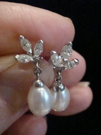 Image 3 of STUNNING 18CT WHITE GOLD MARQUIS CUT DIAMOND AND PEARL CLAW SET STUD EARRINGS