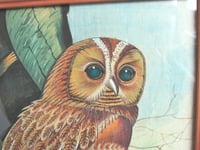 Image 4 of Vintage Owl Painting on Fabric in Chunky Wooden Frame Sized 14 7/10 x 12 1/4 ins, Unsigned 