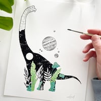 Image 1 of Botanical Brachiosaurus, hand-embellished fine art print