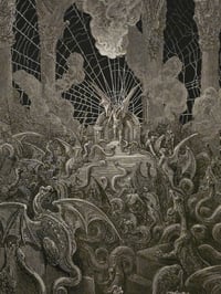 Image 8 of  "Satan In Hell " vintage Gustave Dore page with preserved spider web