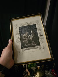 Image 2 of 1800s Bible page featuring Christ Tempted - Satan with preserved web 