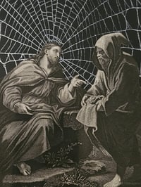 Image 1 of 1800s Bible page featuring Christ Tempted - Satan with preserved web 