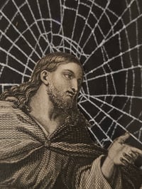 Image 5 of 1800s Bible page featuring Christ Tempted - Satan with preserved web 