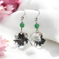 Image 3 of Vintage Sterling Silver Sakura Blossoms Earrings with Genuine Jade