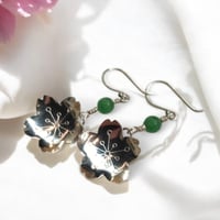 Image 1 of Vintage Sterling Silver Sakura Blossoms Earrings with Genuine Jade