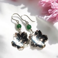 Image 2 of Vintage Sterling Silver Sakura Blossoms Earrings with Genuine Jade