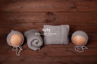 Image 1 of Knitted wrap pillow and bonnet hats light grey