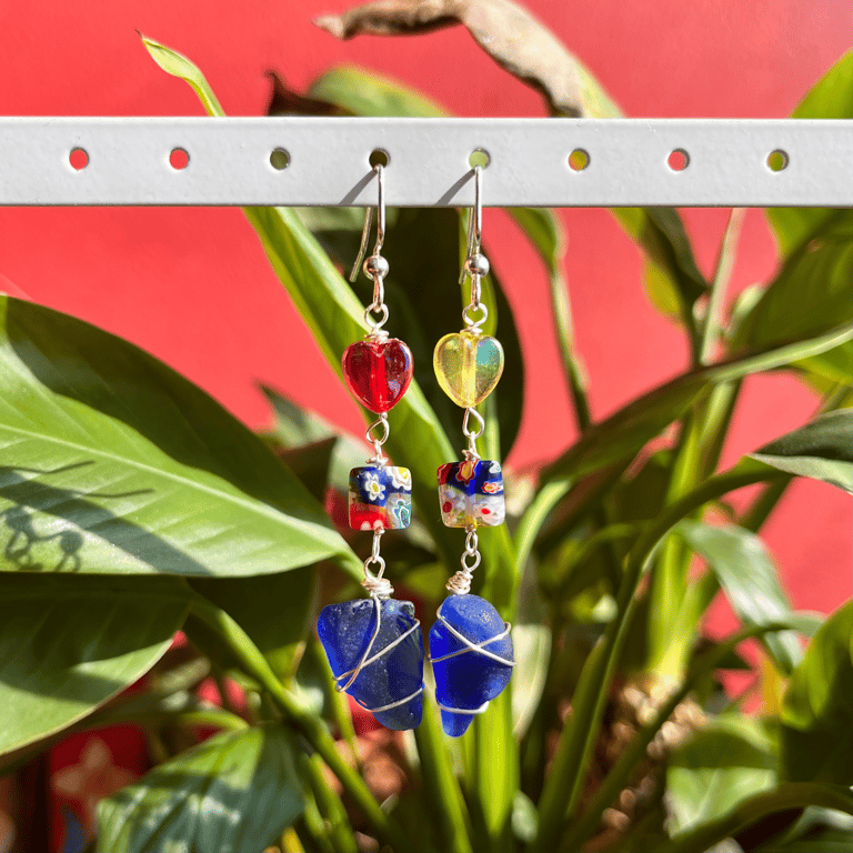 Millefiori Beaded Sea Glass Earrings