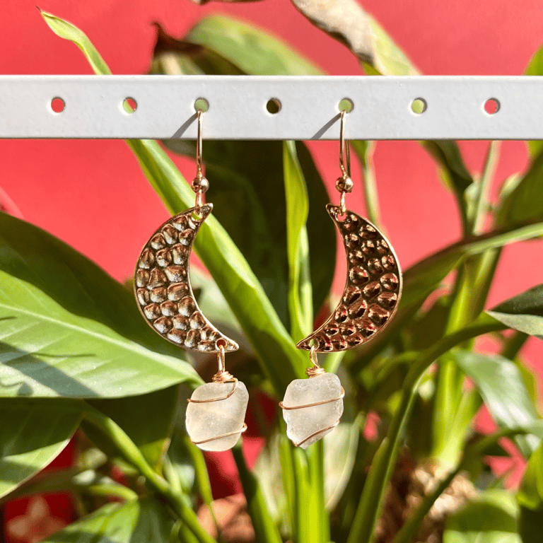 Gold Moon White Sea Glass Earrings