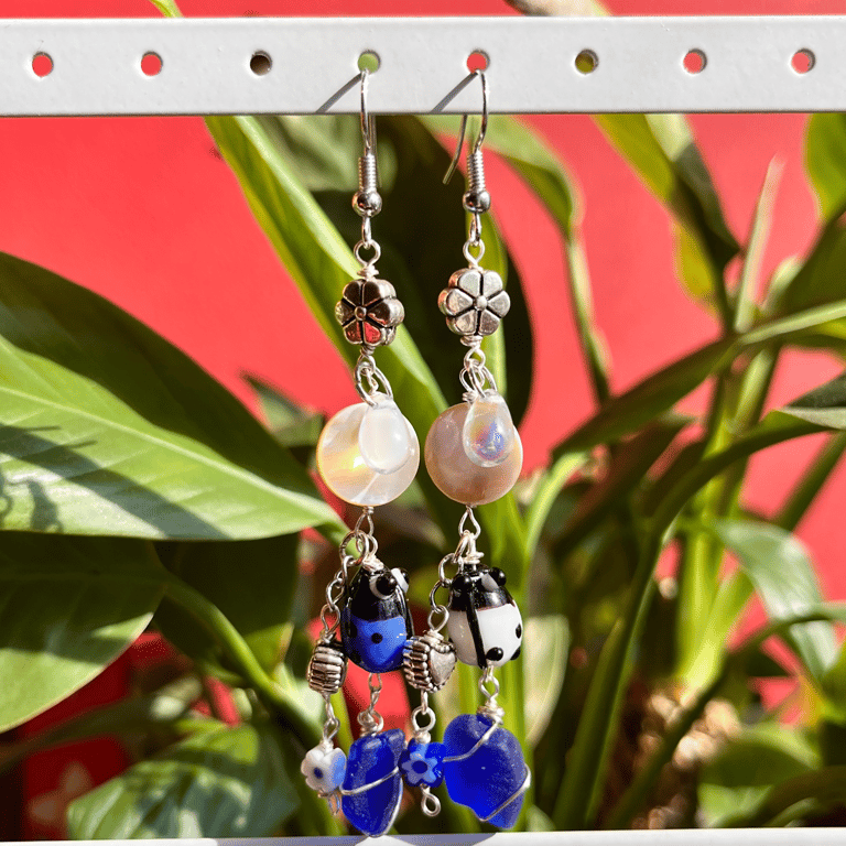 Blue Sea Glass Lady Bug Earrings