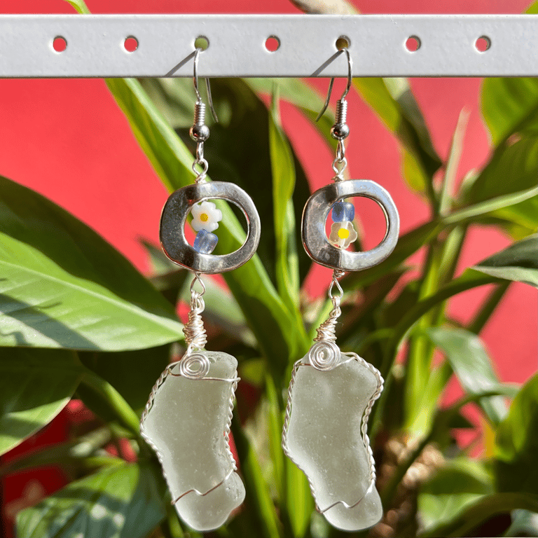 Flowery White Sea Glass Earrings