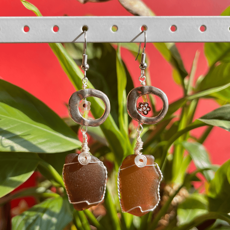 Flowery Brown Sea Glass Earrings