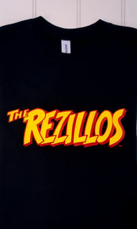 Rezillos logo, yellow and red on black short sleeve unisex T shirt