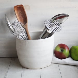 Image of Utensil Holder in Rustic Modern Matte White Glaze, Ceramic Crock, Handmade in USA