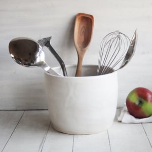 Image of Utensil Holder in Rustic Modern Matte White Glaze, Ceramic Crock, Handmade in USA