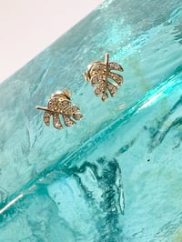 Image 2 of 14k solid gold Diamond monstera leaf studs earrings 