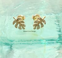 Image 1 of 14k solid gold Diamond monstera leaf studs earrings 