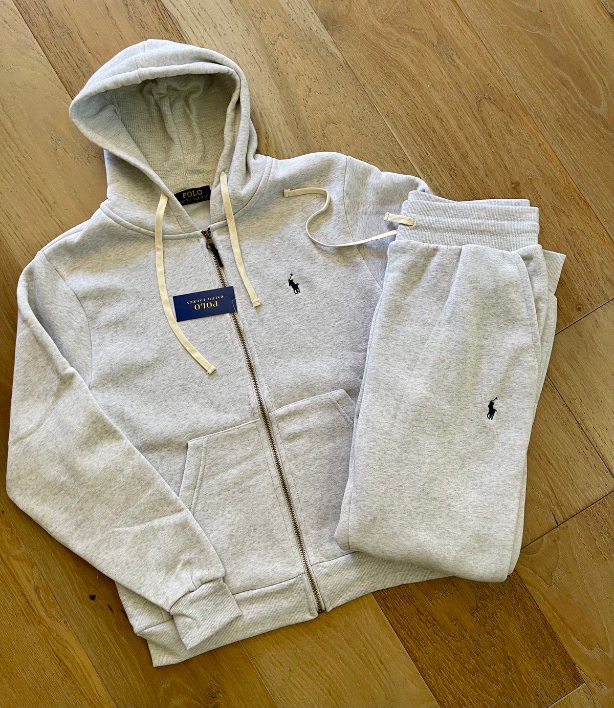 Men’s Grey/Black Polo Zip Up Hoodie Sweatpants Set