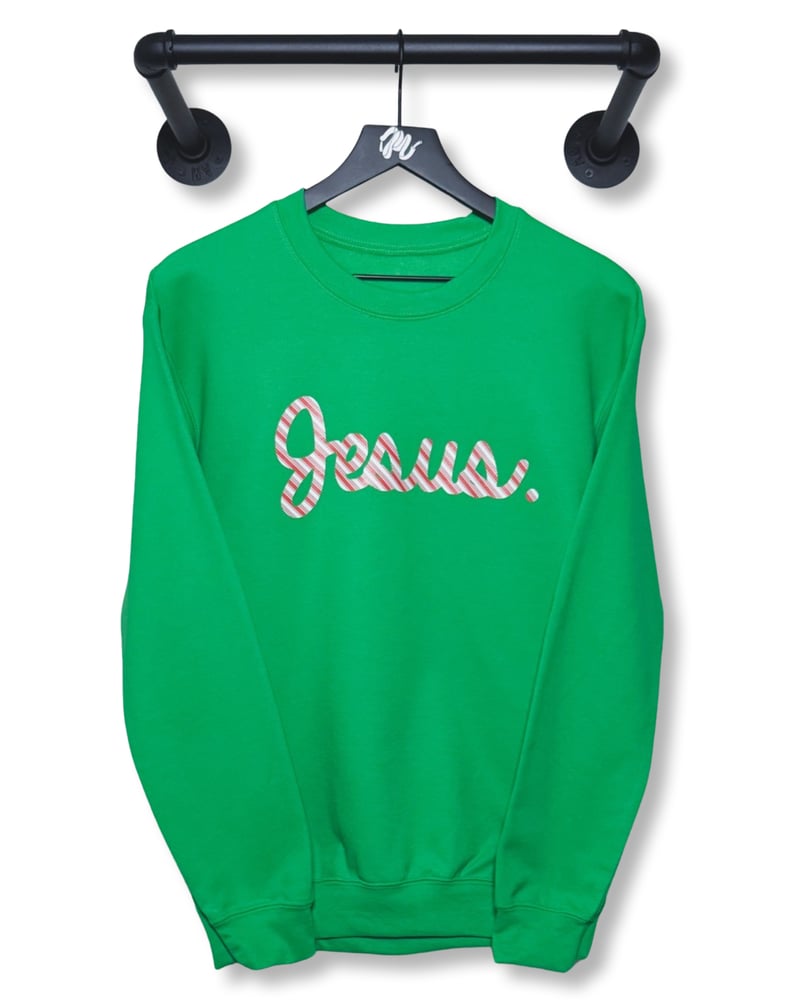 Image of Jesus. Crew-Green/Candy Cane