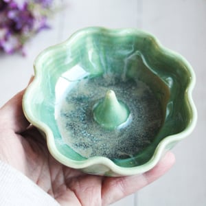 Image of Ceramic Ring Holder in Shimmering Green Glaze, Handcrafted Pottery, Made in USA