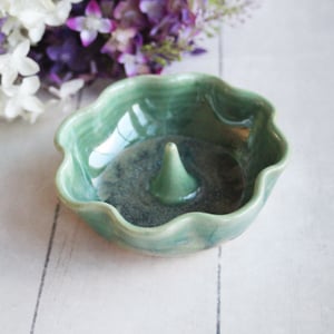 Image of Ceramic Ring Holder in Shimmering Green Glaze, Handcrafted Pottery, Made in USA