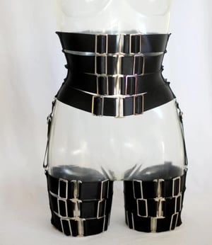 Image of  MADE TO ORDER - Elastic Waist Cincher and thigh garter set in black satin (Size XS - XL)