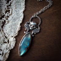 Image 1 of Labradorite Gothic Winged Skull Necklace, Graveyard Cemetery Themed, Taphophile Gift, Memorial Cr...