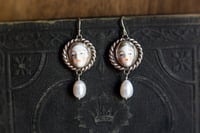 Image 1 of The Secret Court Porcelain Faces Silver Skulls Freshwater Pearl Dangle Earrings