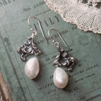 Image 1 of Scrolling Freshwater Pearl Sterling Silver Dangle Earrings