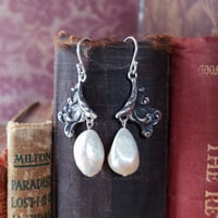 Image 2 of Scrolling Freshwater Pearl Sterling Silver Dangle Earrings