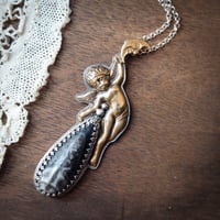 Image 2 of Anciens Mixed Metal Celestial Moon Fossil Orthoceras Cherub Angel Victorian Necklace OOAK