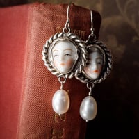 Image 3 of The Secret Court Porcelain Faces Silver Skulls Freshwater Pearl Dangle Earrings