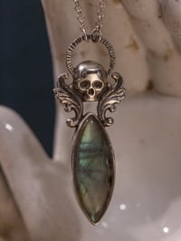 Image 4 of Labradorite Gothic Winged Skull Necklace, Graveyard Cemetery Themed, Taphophile Gift, Memorial Cr...