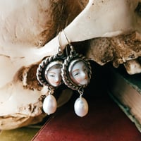 Image 4 of The Secret Court Porcelain Faces Silver Skulls Freshwater Pearl Dangle Earrings