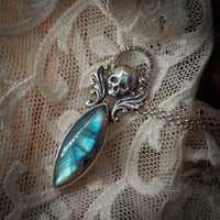 Image 5 of Labradorite Gothic Winged Skull Necklace, Graveyard Cemetery Themed, Taphophile Gift, Memorial Cr...