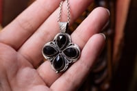 Image 3 of Black Onyx Quatrefoil Sterling Silver Tudor Renaissance Gothic Necklace Pendant OOAK