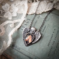 Image 1 of Gothic Winged Skull Gravestone Pendant, Memento Mori Praying Hands Necklace, Mourning Relic, Heart C