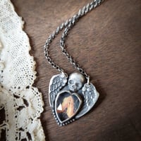 Image 4 of Gothic Winged Skull Gravestone Pendant, Memento Mori Praying Hands Necklace, Mourning Relic, Heart C