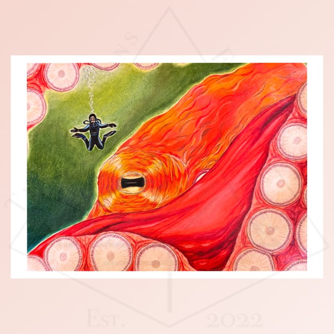 Image of Octopus and Scuba Diver - Art Print 5x7