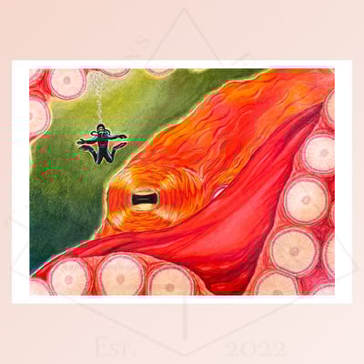 Image of Octopus and Scuba Diver - Art Print 5x7