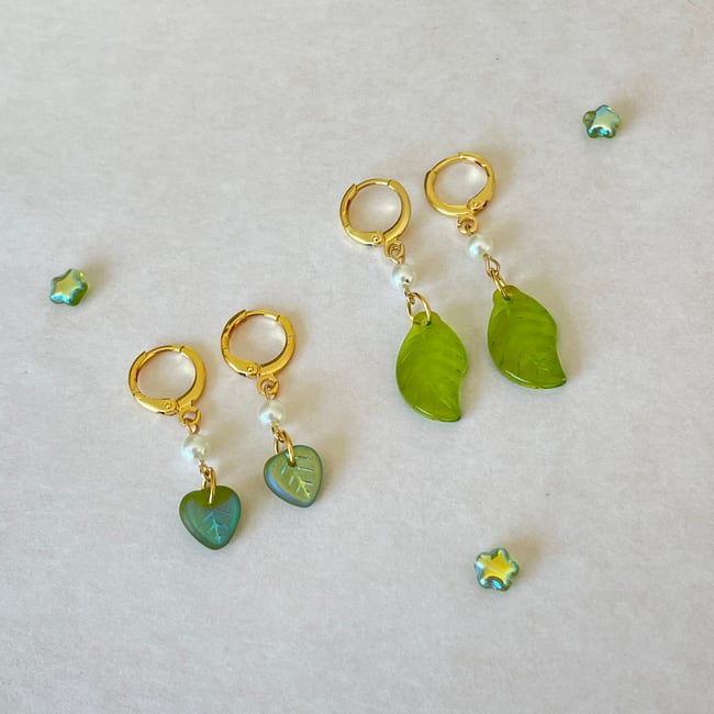 pearly leaf gold huggie hoop earrings