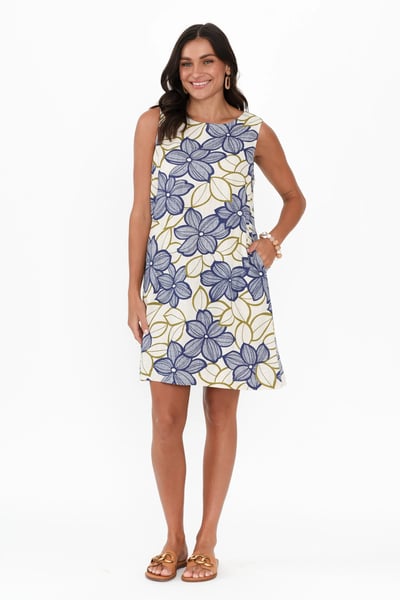 Image of Lee Linen Cotton Dress -  Blue Floral