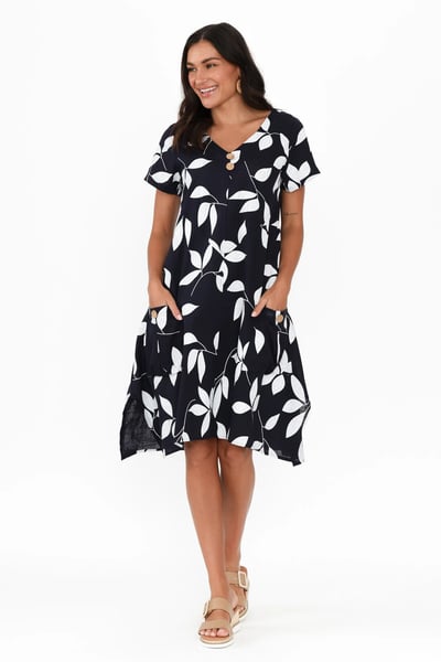 Image of Kylie Linen/Cotton Dress - Navy /White Leaf