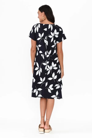 Image of Kylie Linen/Cotton Dress - Navy /White Leaf