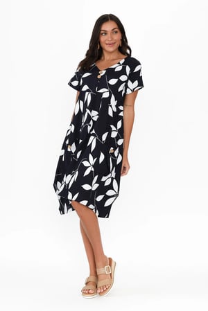 Image of Kylie Linen/Cotton Dress - Navy /White Leaf